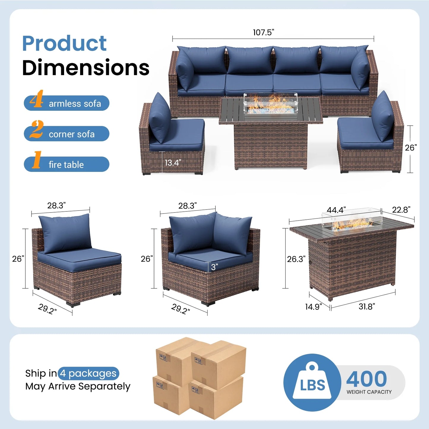 Furniturewicker Sectional Furniture 7 Piece Set (Navy Blue)