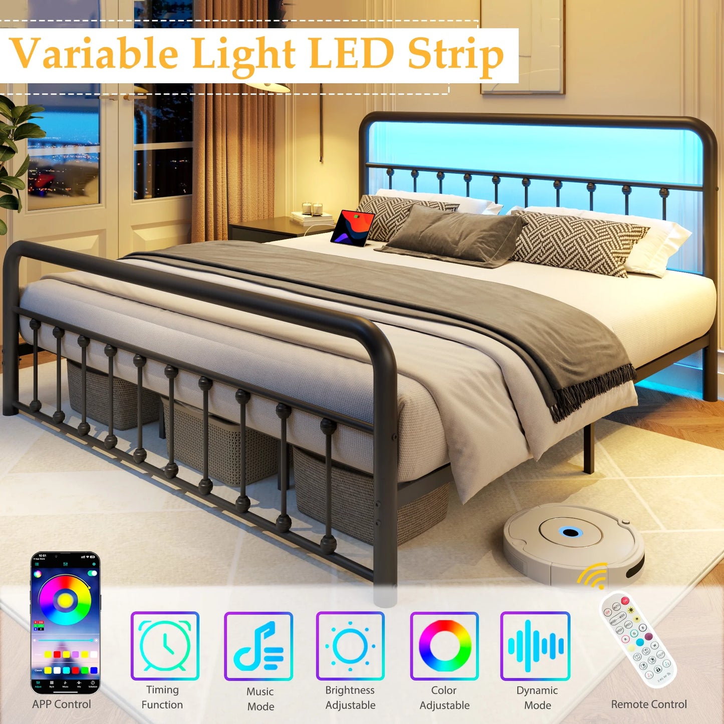 Classic Metal Platform Bed Frame, King, with USB Port & LED