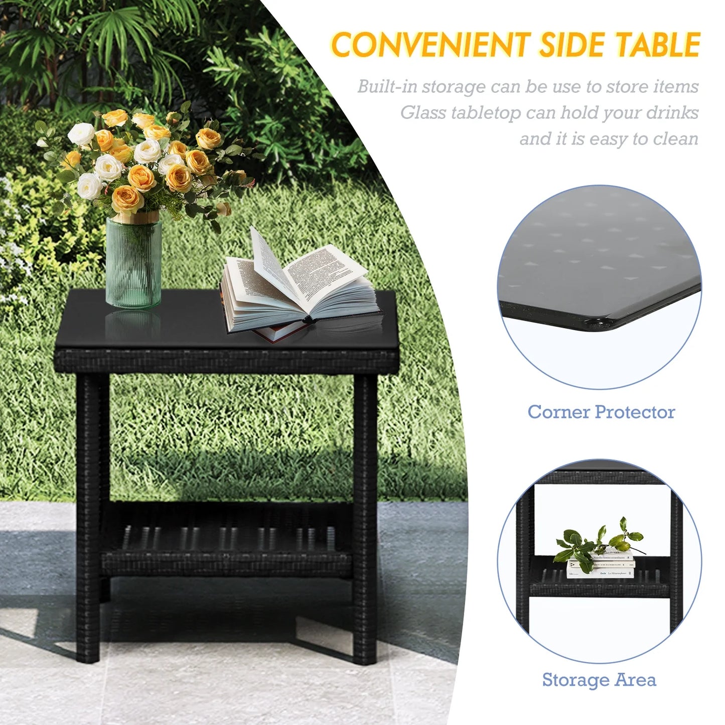 Bistro Wicker Patio Set (Black Wicker&White Cushion)