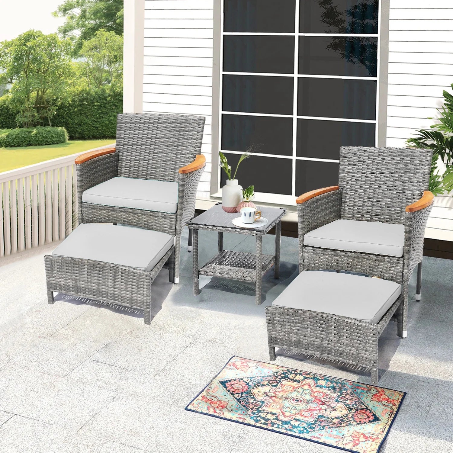 Table&Ottoman Outdoor Furniture Patio Set Bistro Wicker Patio Set (Gray Wicker&Gray Cushion)