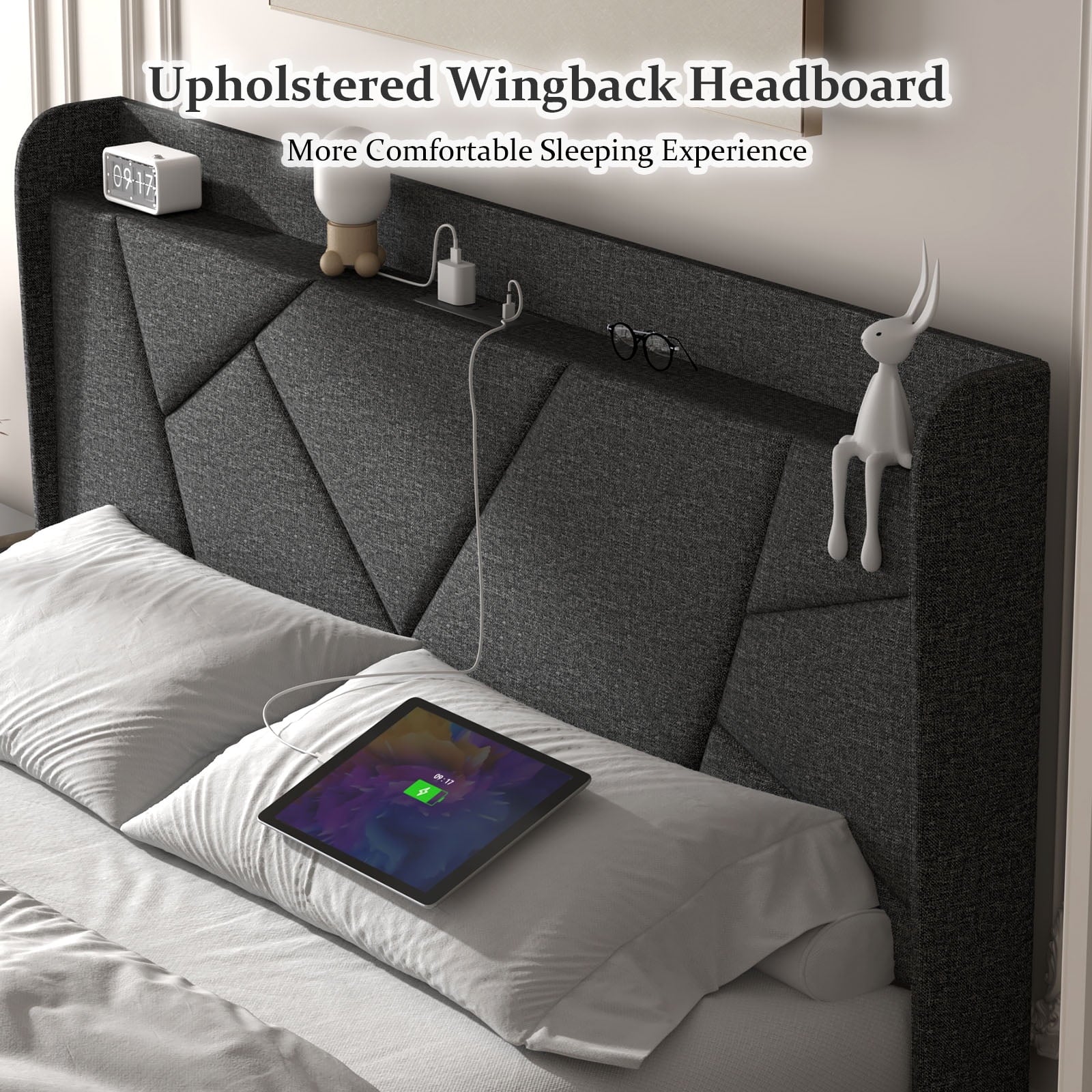 Wingback King Upholstered Platform Bed Dark Gray