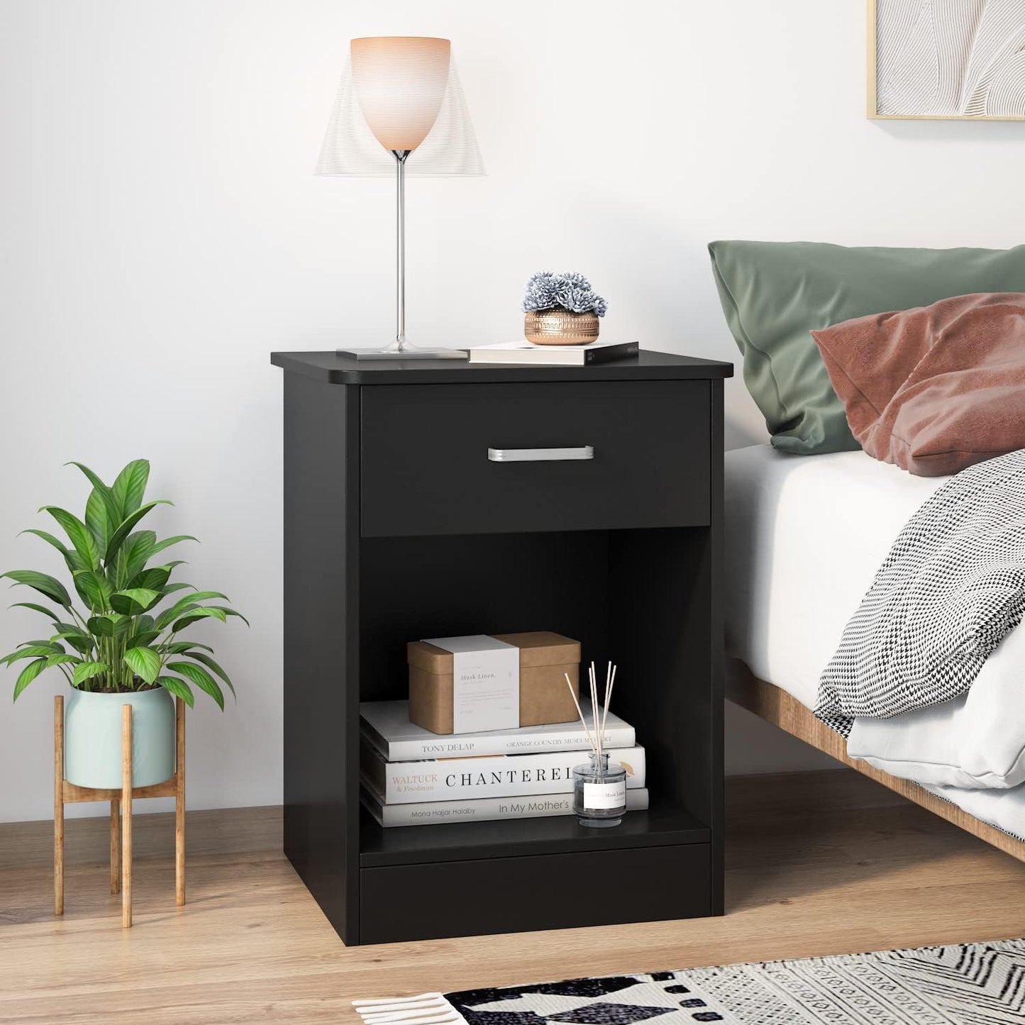 Modern Bedside Night Stand with Drawer and Storage Cabinet, Black