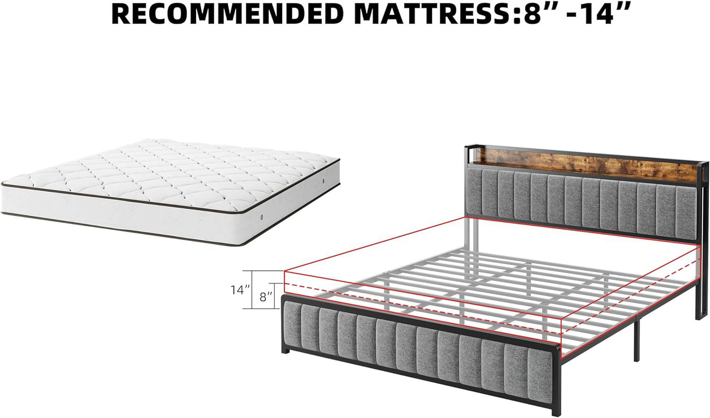 Upholstered Queen Bed Frame with Storage Headboard and Charging Station Black