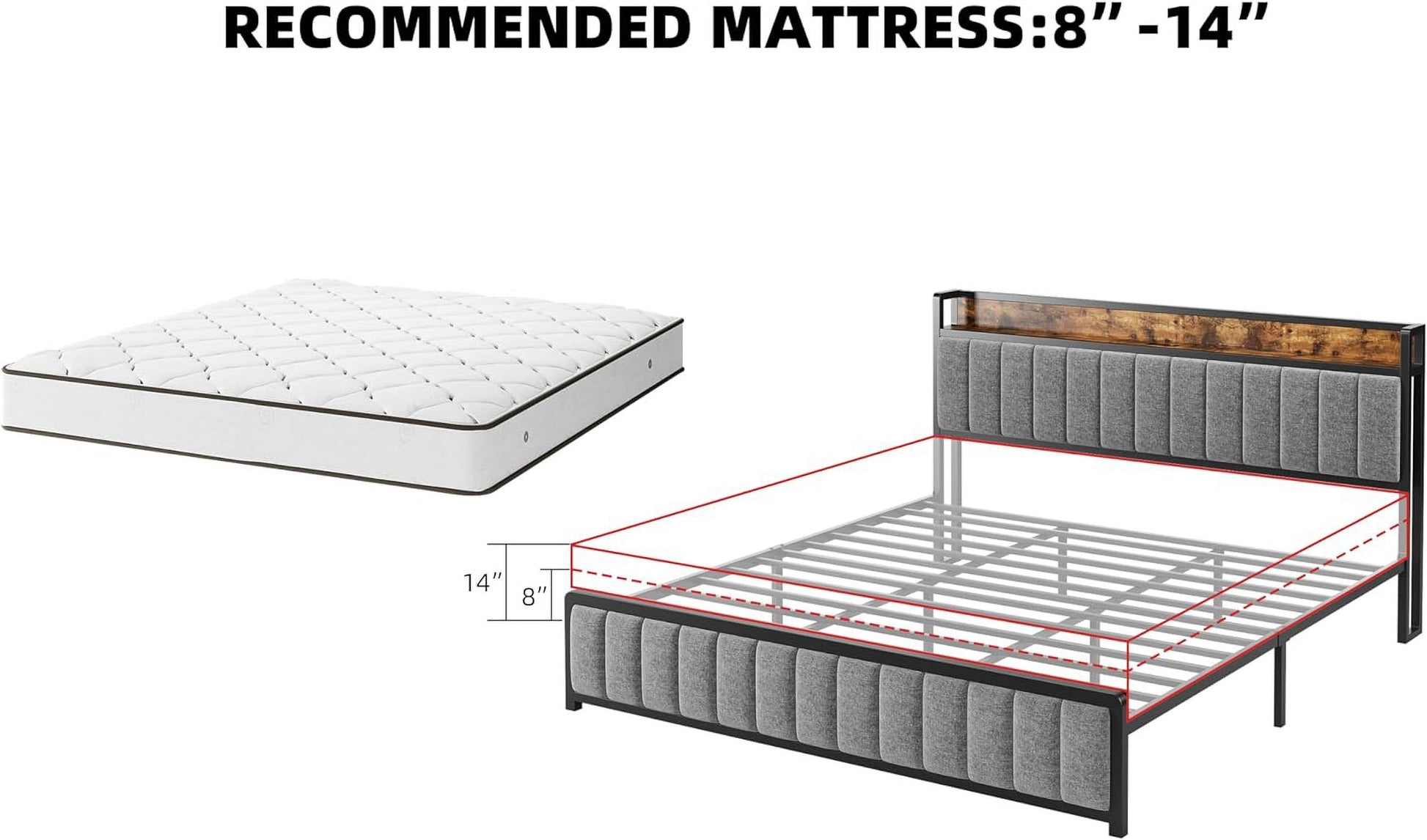 Upholstered Queen Bed Frame with Storage Headboard and Charging Station Black