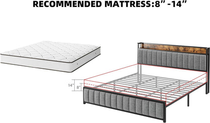 Upholstered Queen Bed Frame with Storage Headboard and Charging Station Black