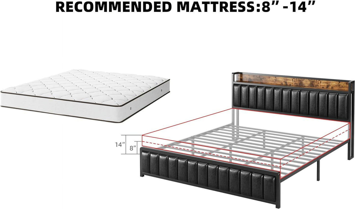 Upholstered Queen Bed Frame with Storage Headboard and Charging Station Black