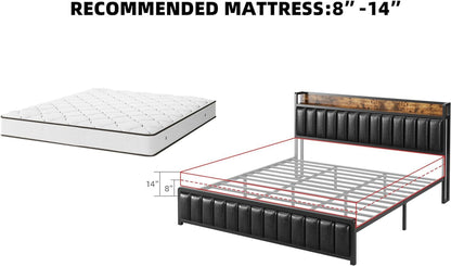 Upholstered Queen Bed Frame with Storage Headboard and Charging Station Black