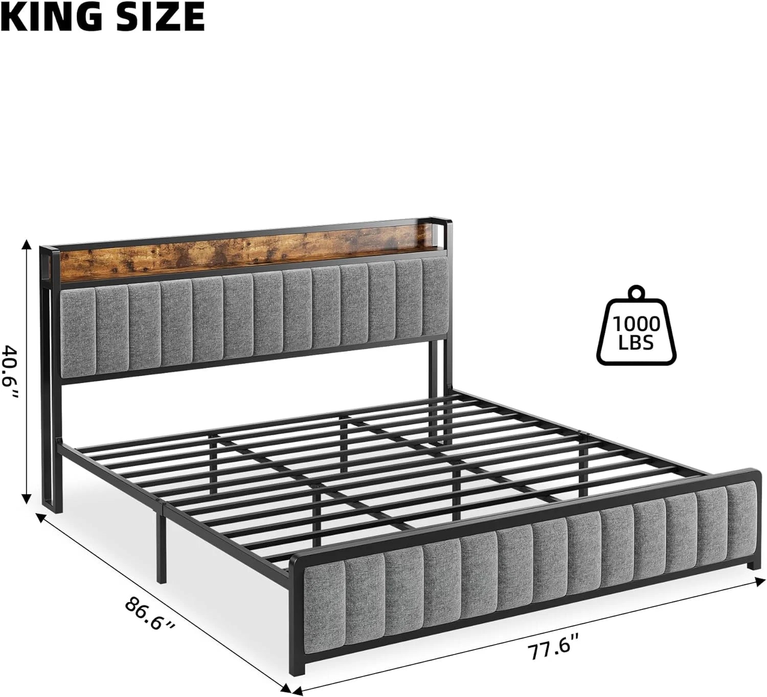 Upholstered Queen Bed Frame with Storage Headboard and Charging Station Black