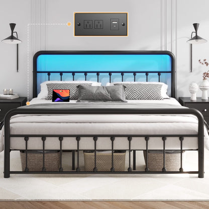 Classic Metal Platform Bed Frame, King, with USB Port & LED