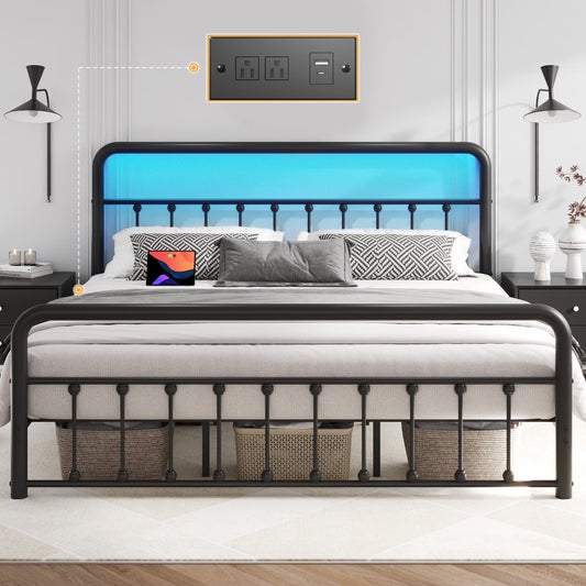 Classic Metal Platform Bed Frame, King, with USB Port & LED