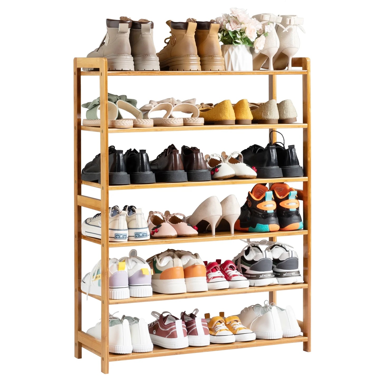 6 Tier Natural Wood Bamboo Storage Shoe Rack 