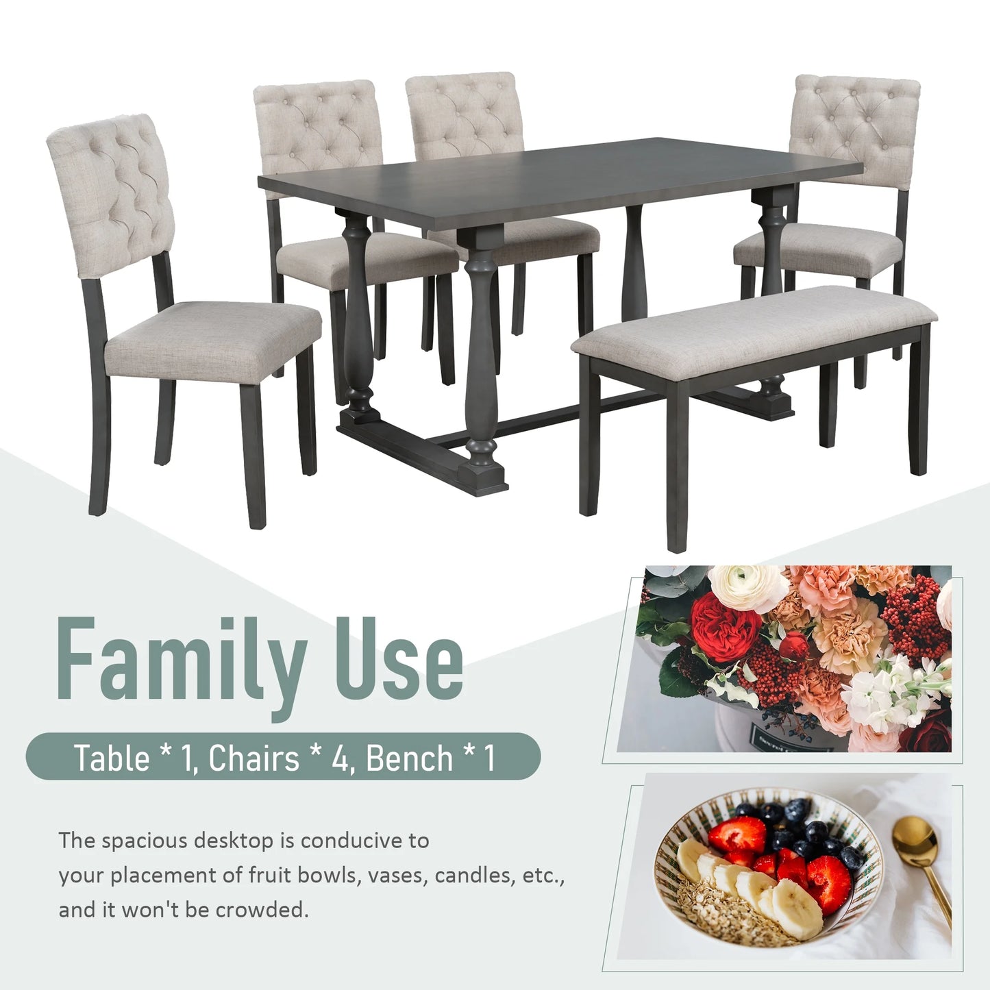  Farmhouse Dining Table Set 4 Cushioned Chairs Gray
