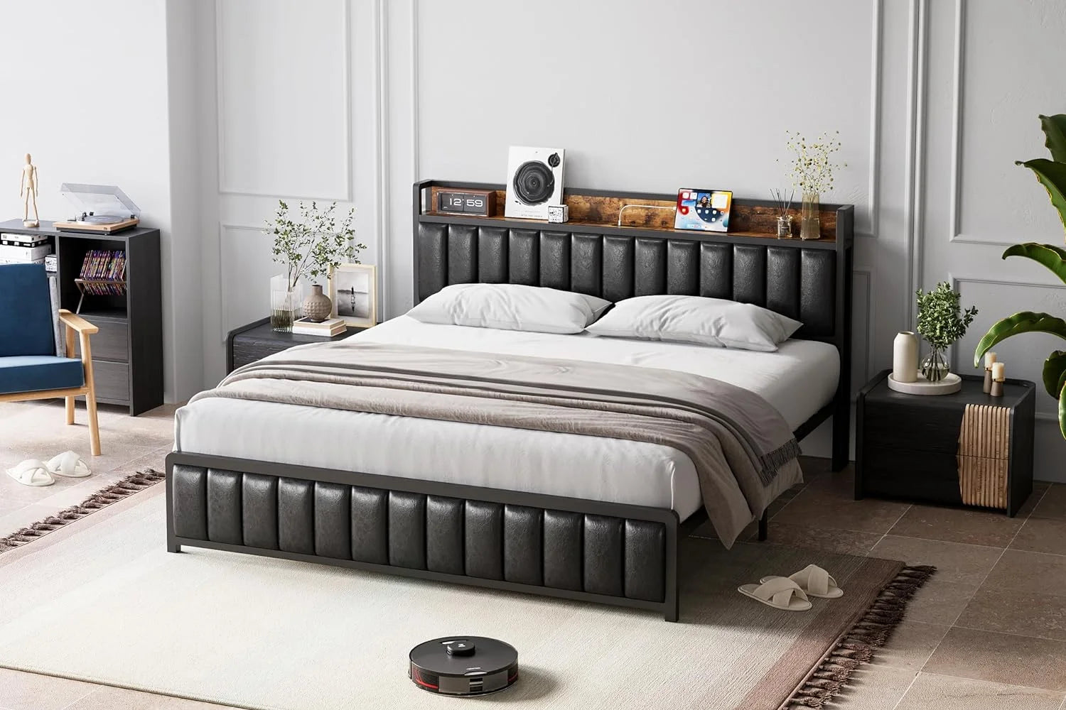 Upholstered Queen Bed Frame with Storage Headboard and Charging Station Black