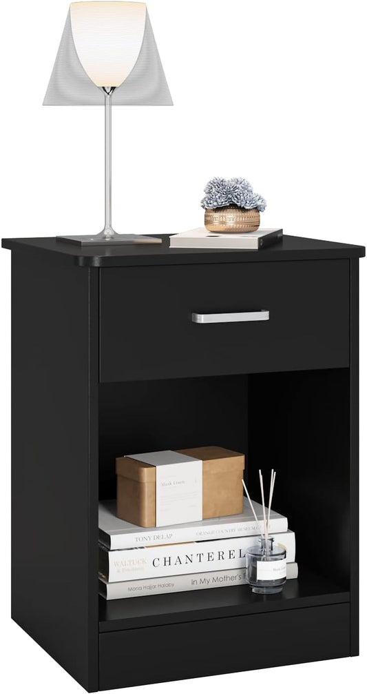 Modern Bedside Night Stand with Drawer and Storage Cabinet, Black