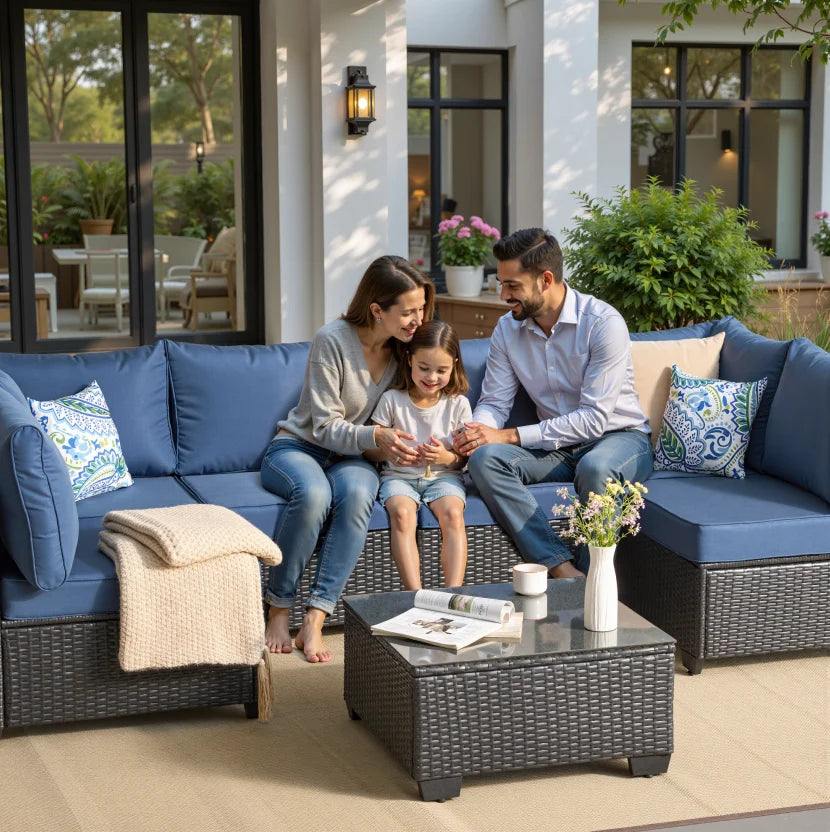 7 Pieces Wicker Conversation Set Outdoor Sectional Sofa with Coffee Table Dark Blue