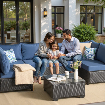 7 Pieces Wicker Conversation Set Outdoor Sectional Sofa with Coffee Table Dark Blue