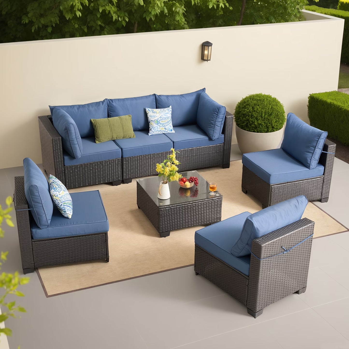 7 Pieces Wicker Conversation Set Outdoor Sectional Sofa with Coffee Table Dark Blue