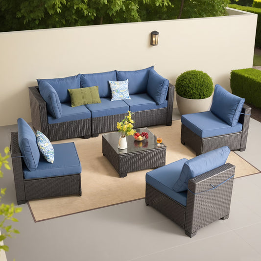 7 Pieces Wicker Conversation Set Outdoor Sectional Sofa with Coffee Table Dark Blue