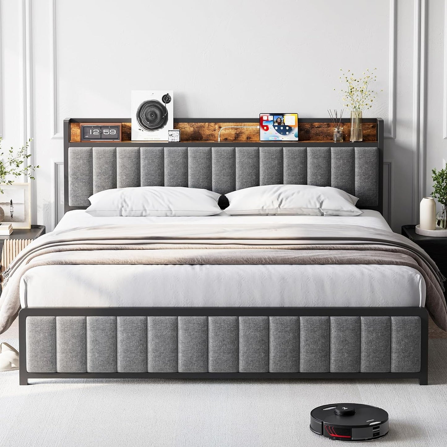 Upholstered Queen Bed Frame with Storage Headboard and Charging Station Black