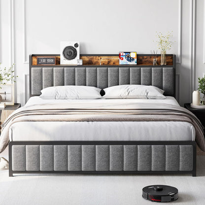 Upholstered Queen Bed Frame with Storage Headboard and Charging Station Black