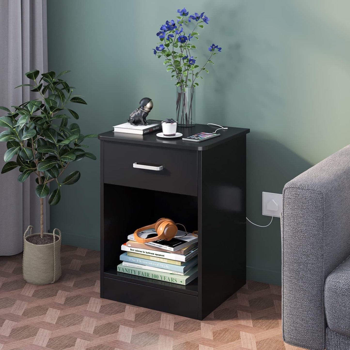 Modern Bedside Night Stand with Drawer and Storage Cabinet, Black