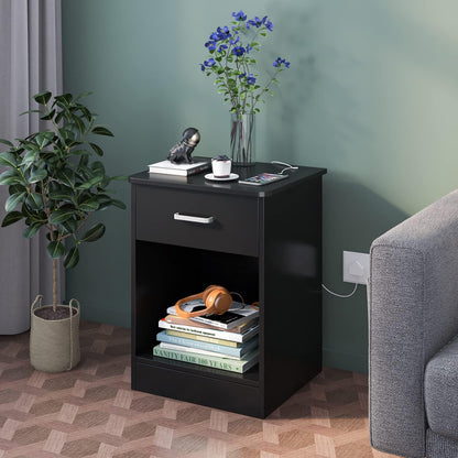 Modern Bedside Night Stand with Drawer and Storage Cabinet, Black
