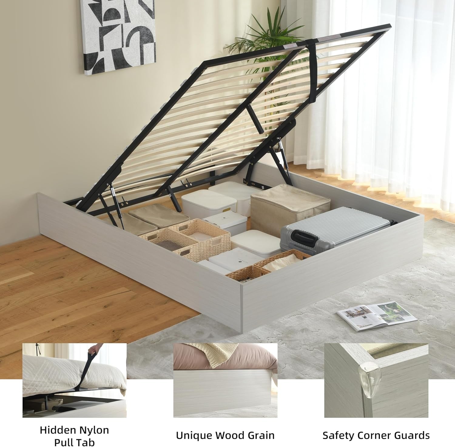  Rustic off White Queen Size Lift up Storage Platform Bed Frame