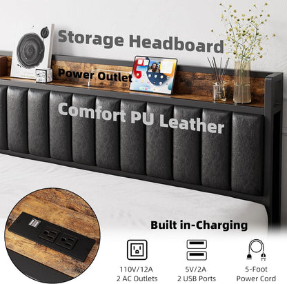 Upholstered Queen Bed Frame with Storage Headboard and Charging Station Black