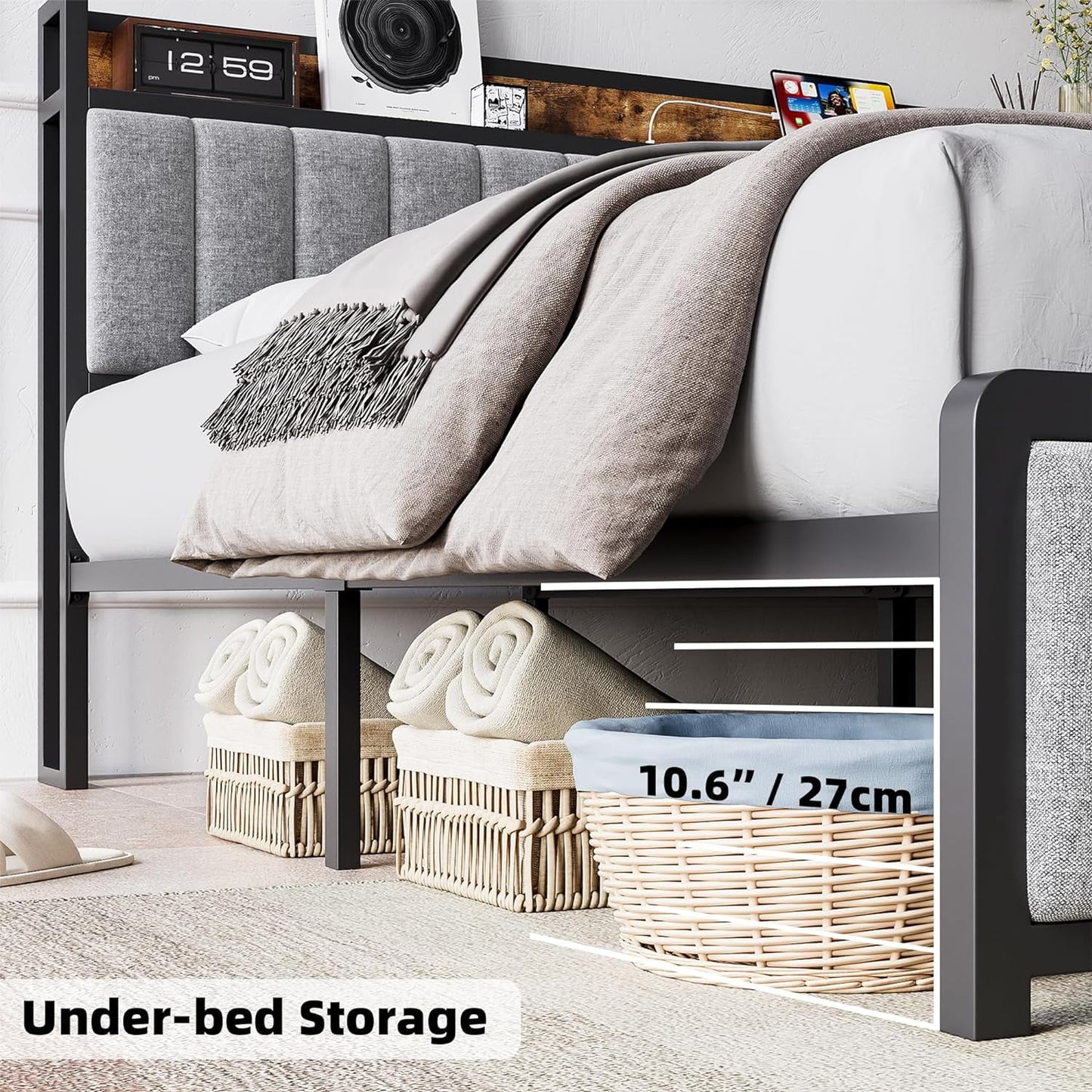 Upholstered Queen Bed Frame with Storage Headboard and Charging Station Black