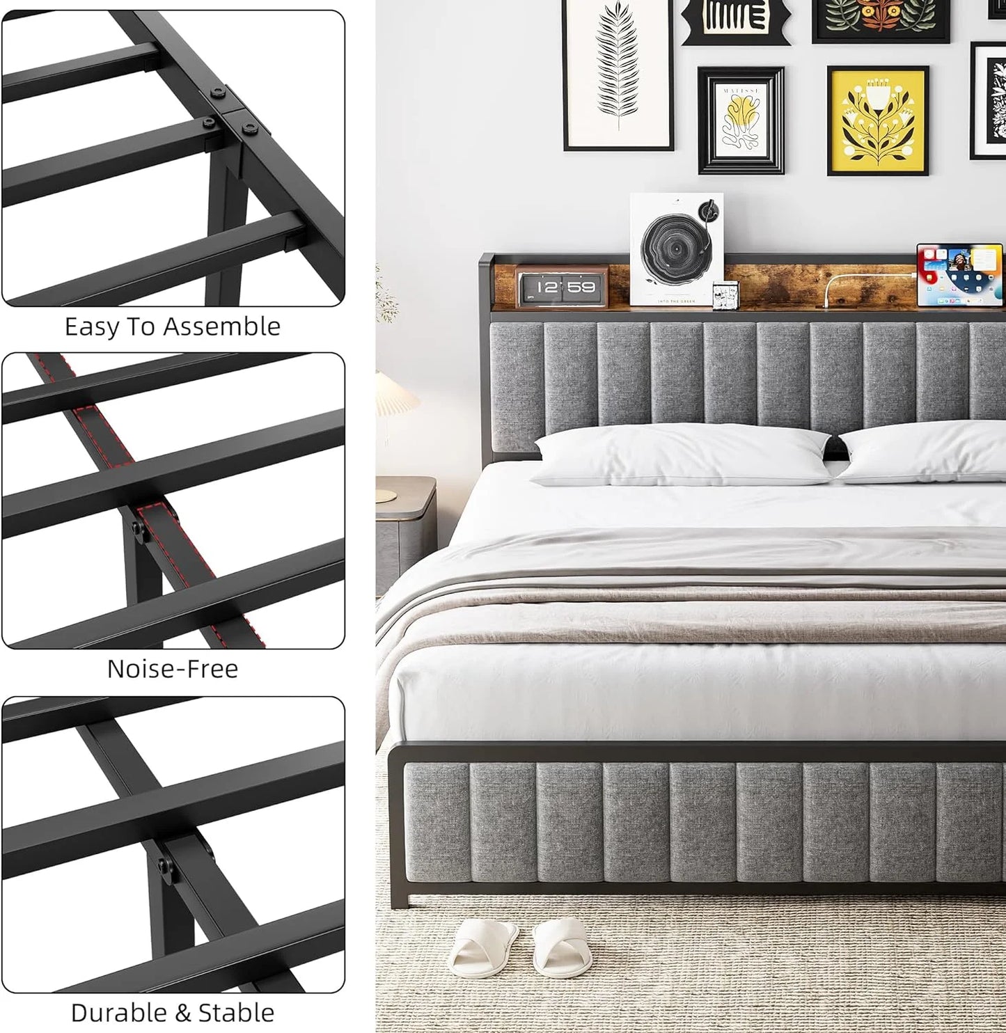 Upholstered Queen Bed Frame with Storage Headboard and Charging Station Black
