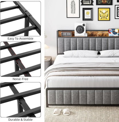Upholstered Queen Bed Frame with Storage Headboard and Charging Station Black