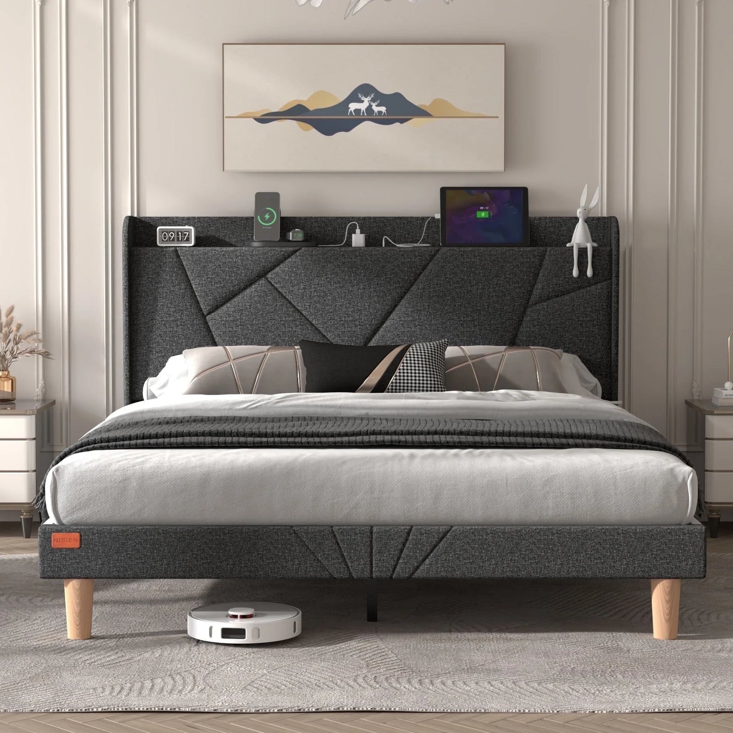 Wingback King Upholstered Platform Bed Dark Gray