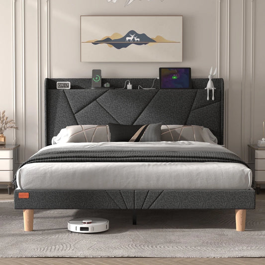 Wingback King Upholstered Platform Bed Dark Gray
