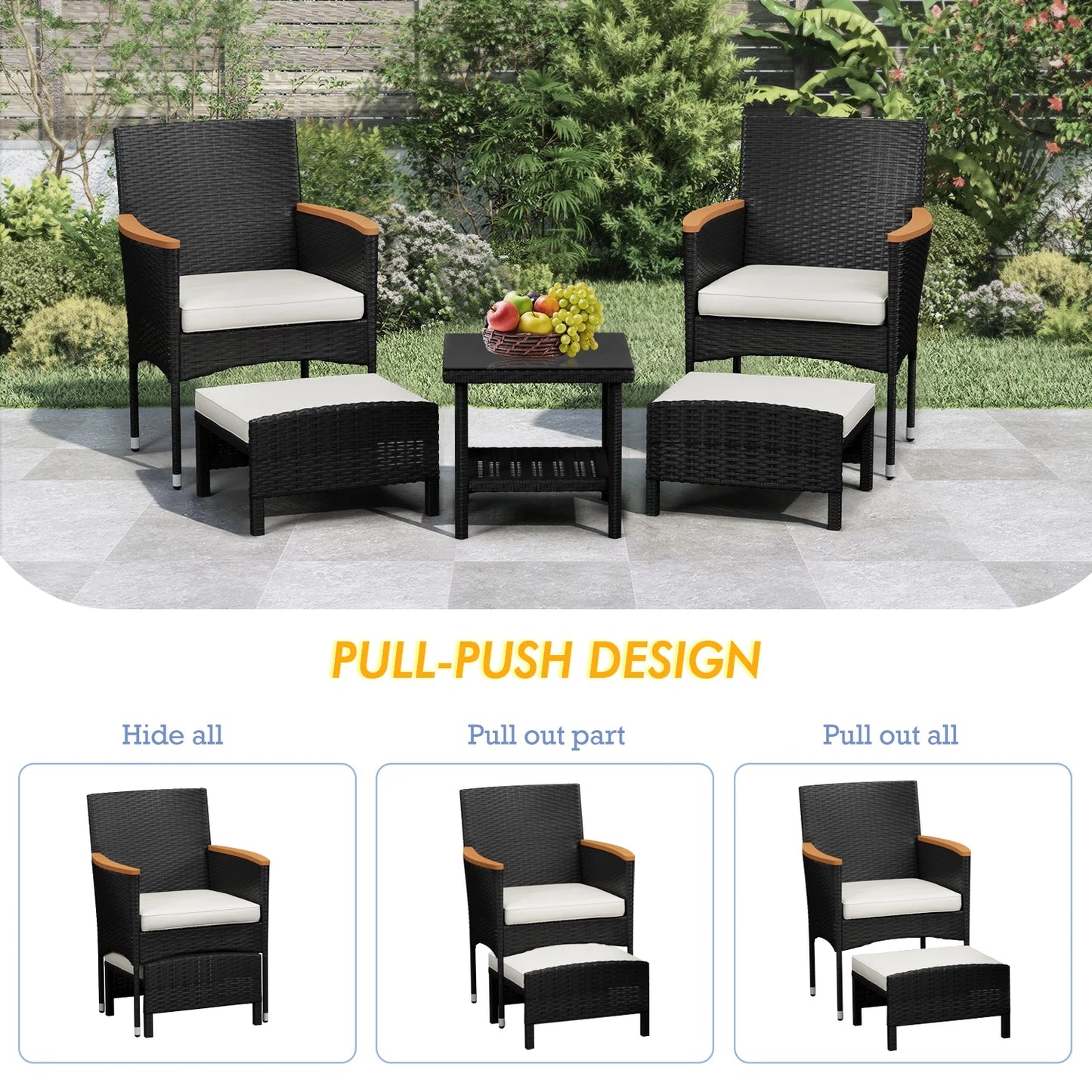 Bistro Wicker Patio Set (Black Wicker&White Cushion)