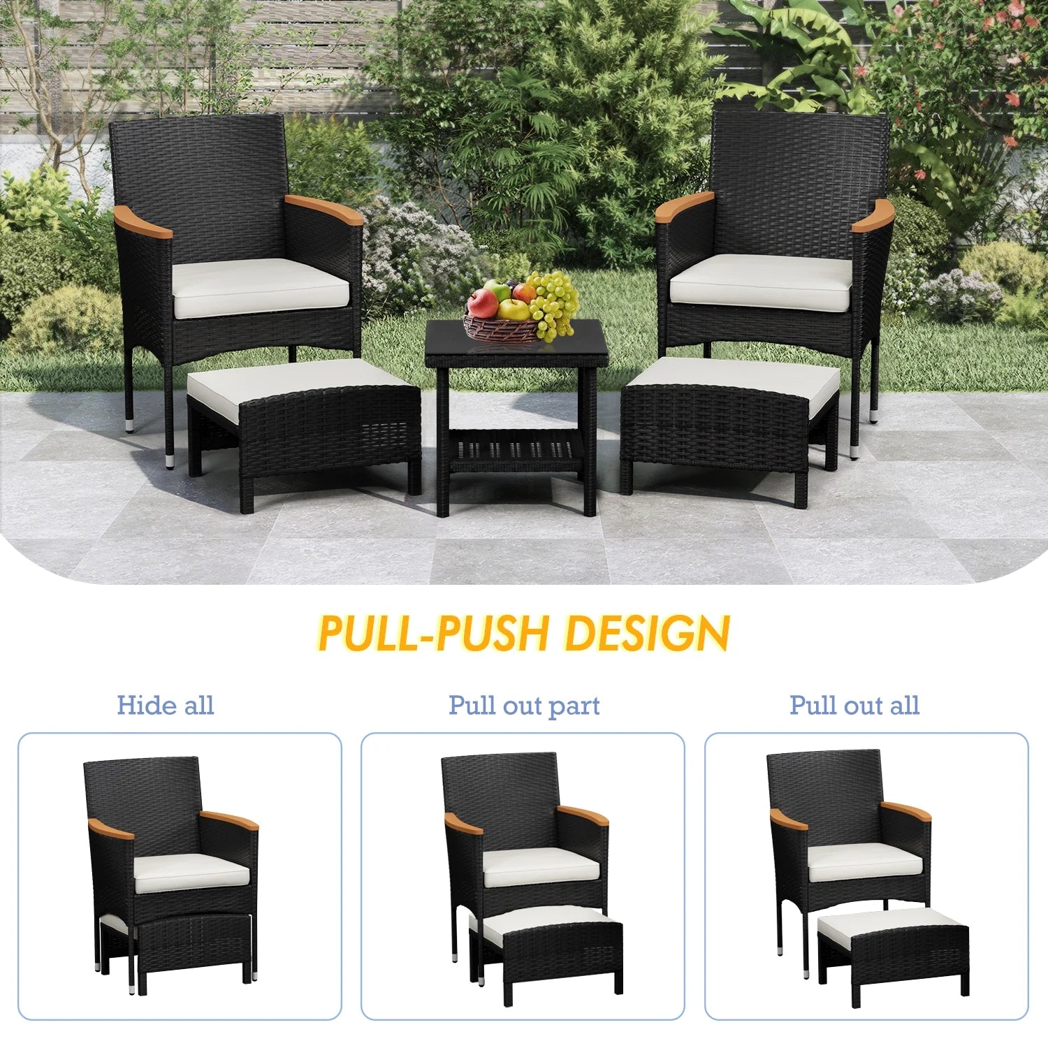 Bistro Wicker Patio Set (Black Wicker&White Cushion)