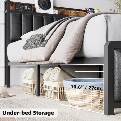 Upholstered Queen Bed Frame with Storage Headboard and Charging Station Black