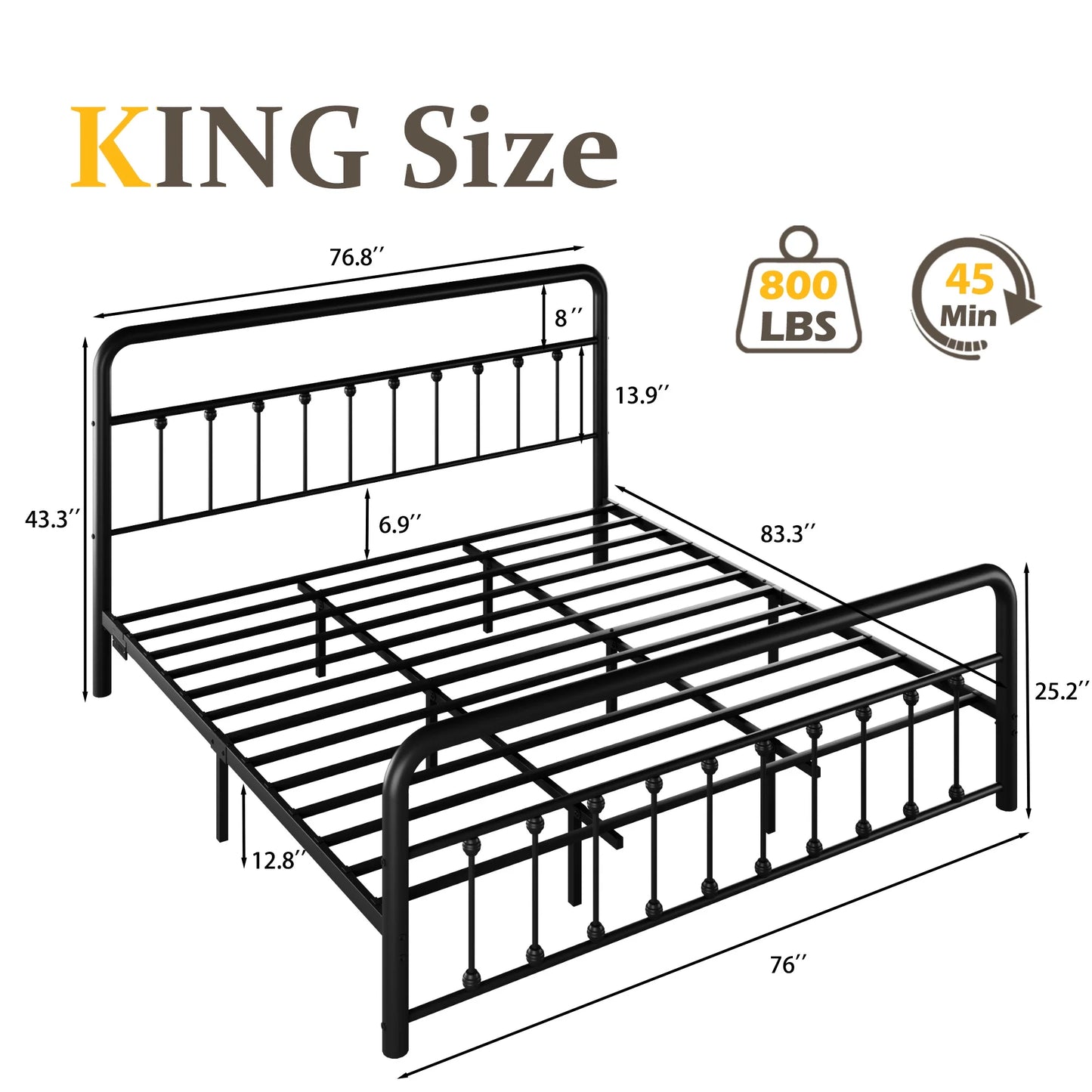 Classic Metal Platform Bed Frame, King, with USB Port & LED
