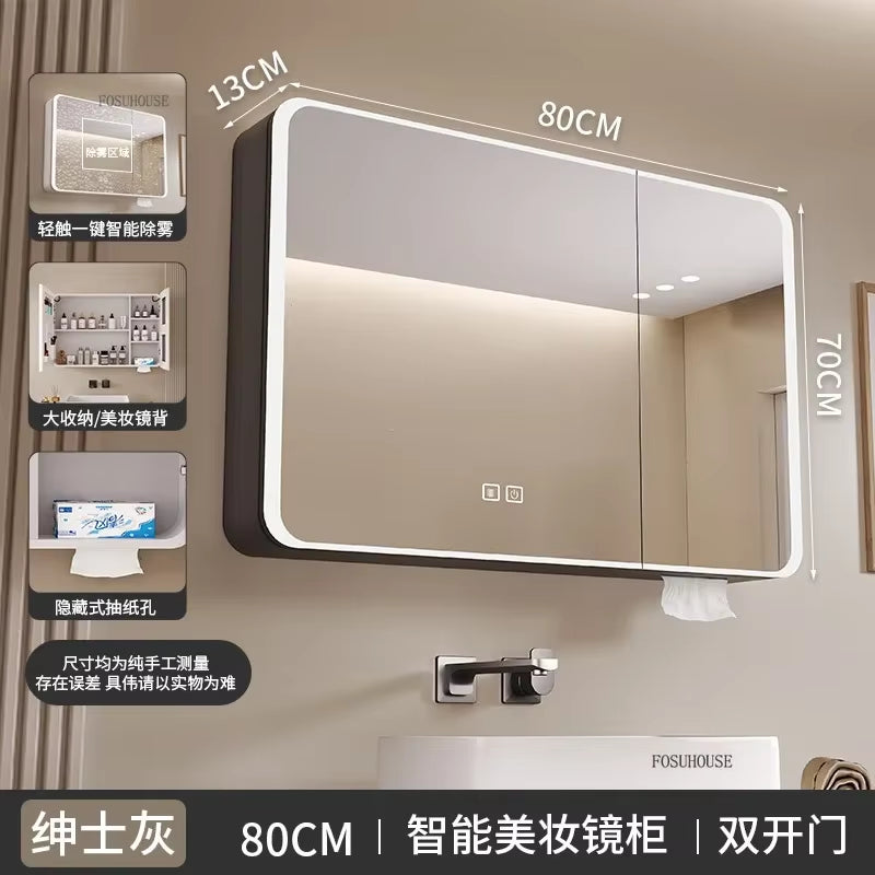 Minimalist Modern Arc-Shaped Smart Bathroom Mirror Cabinets Home Furniture Wall-Mounted Bathroom Mirror Cabinet with Lighting B