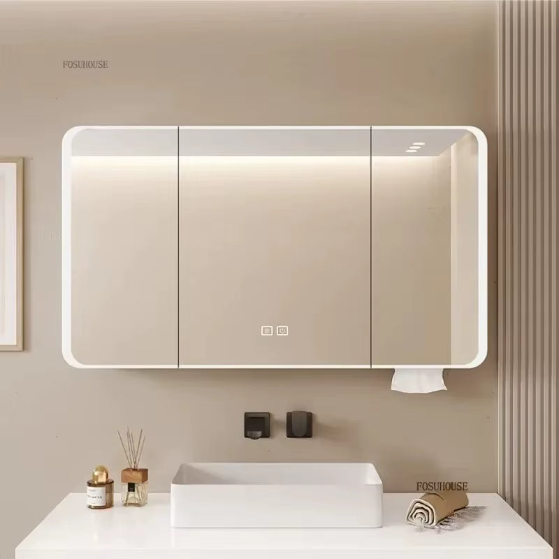 Minimalist Modern Arc-Shaped Smart Bathroom Mirror Cabinets Home Furniture Wall-Mounted Bathroom Mirror Cabinet with Lighting B