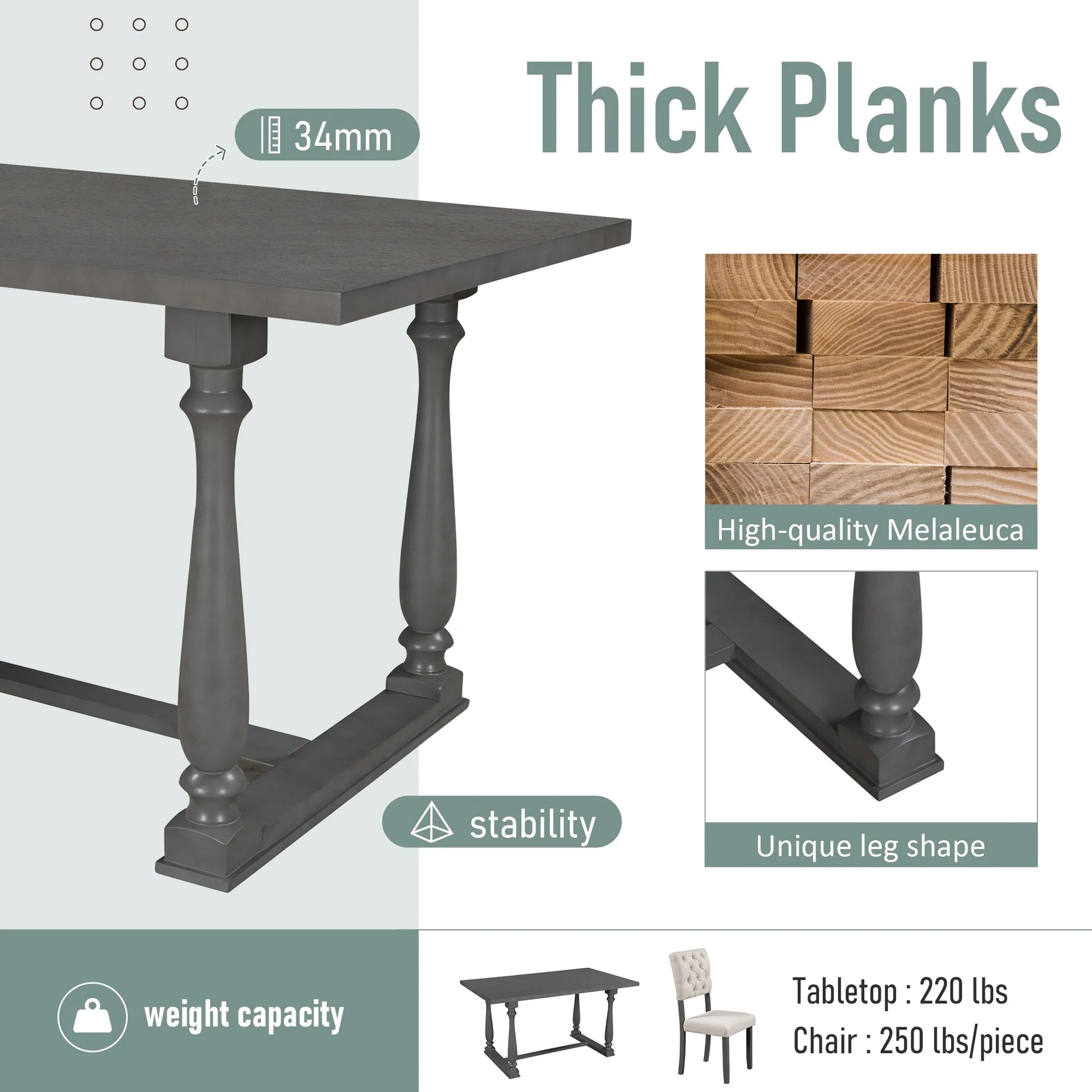  Farmhouse Dining Table Set 4 Cushioned Chairs Gray