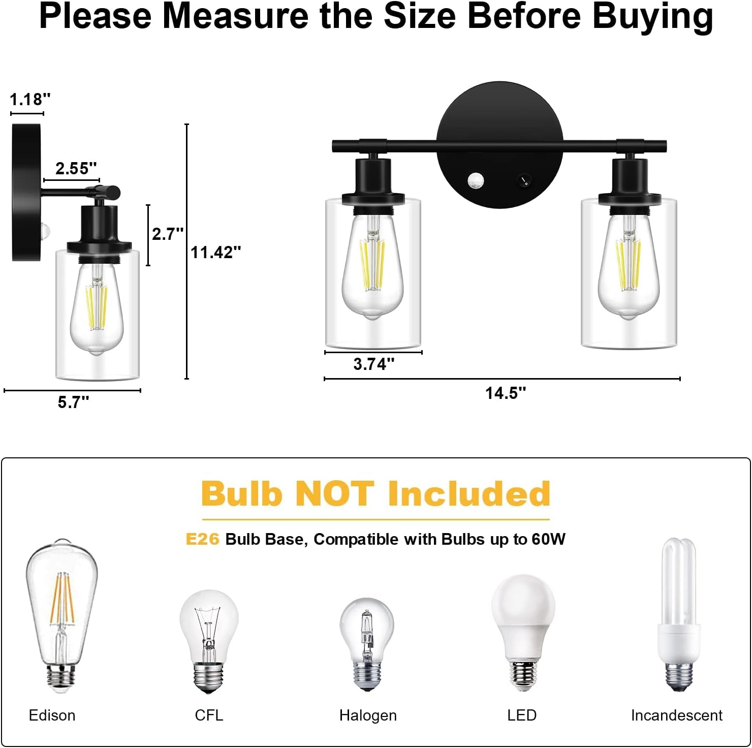 2 Light Bathroom Vanity Fixture with Motion Sensor