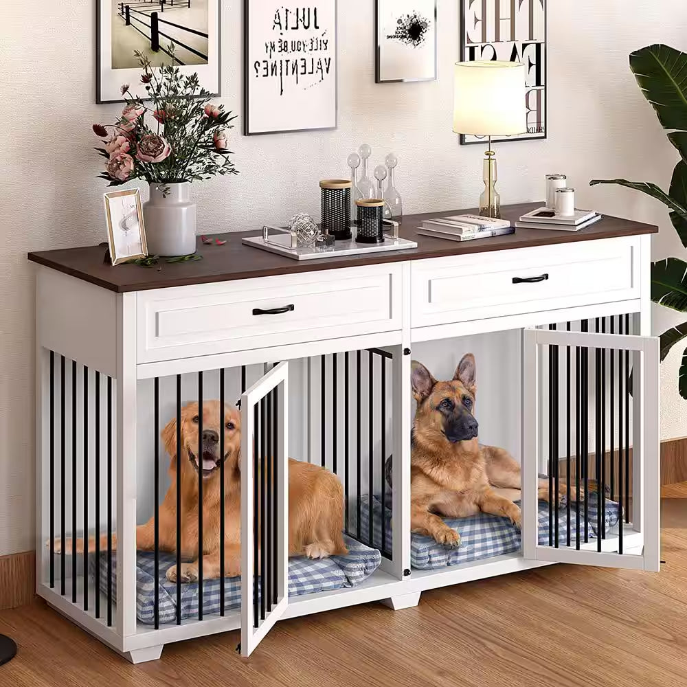 White Wooden Accent Storage Cabinet with Dog Crates Cage 