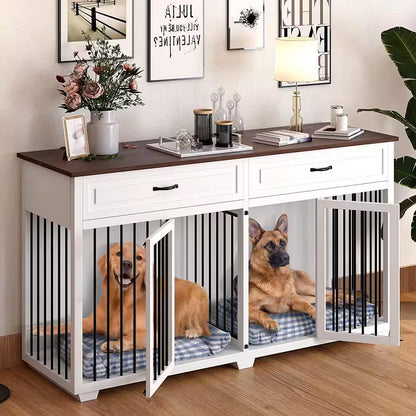 White Wooden Accent Storage Cabinet with Dog Crates Cage 