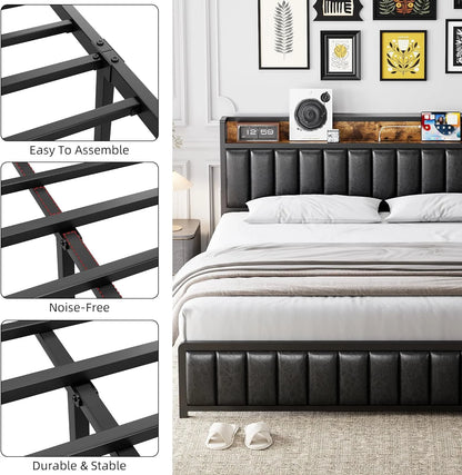 Upholstered Queen Bed Frame with Storage Headboard and Charging Station Black