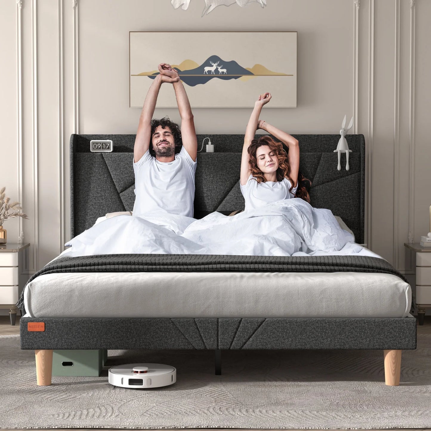 Wingback King Upholstered Platform Bed Dark Gray