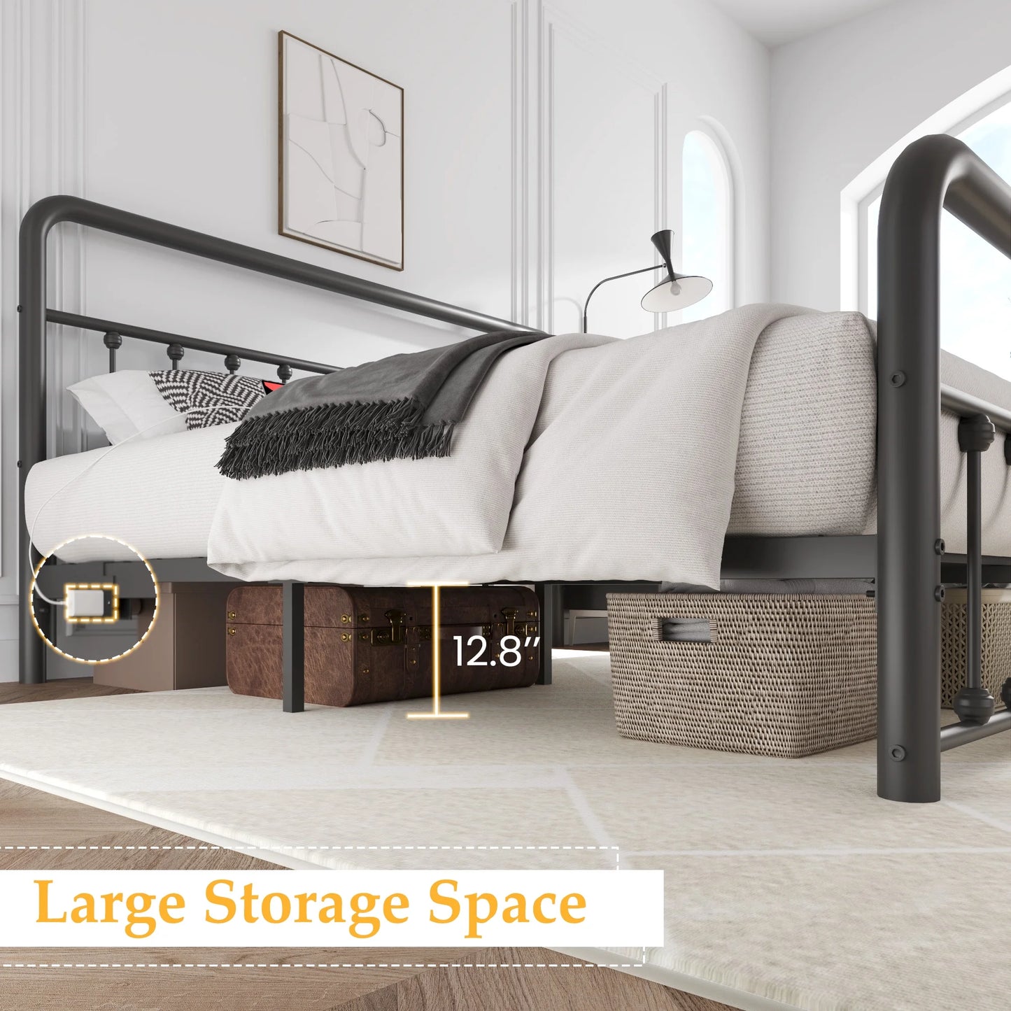 Classic Metal Platform Bed Frame, King, with USB Port & LED