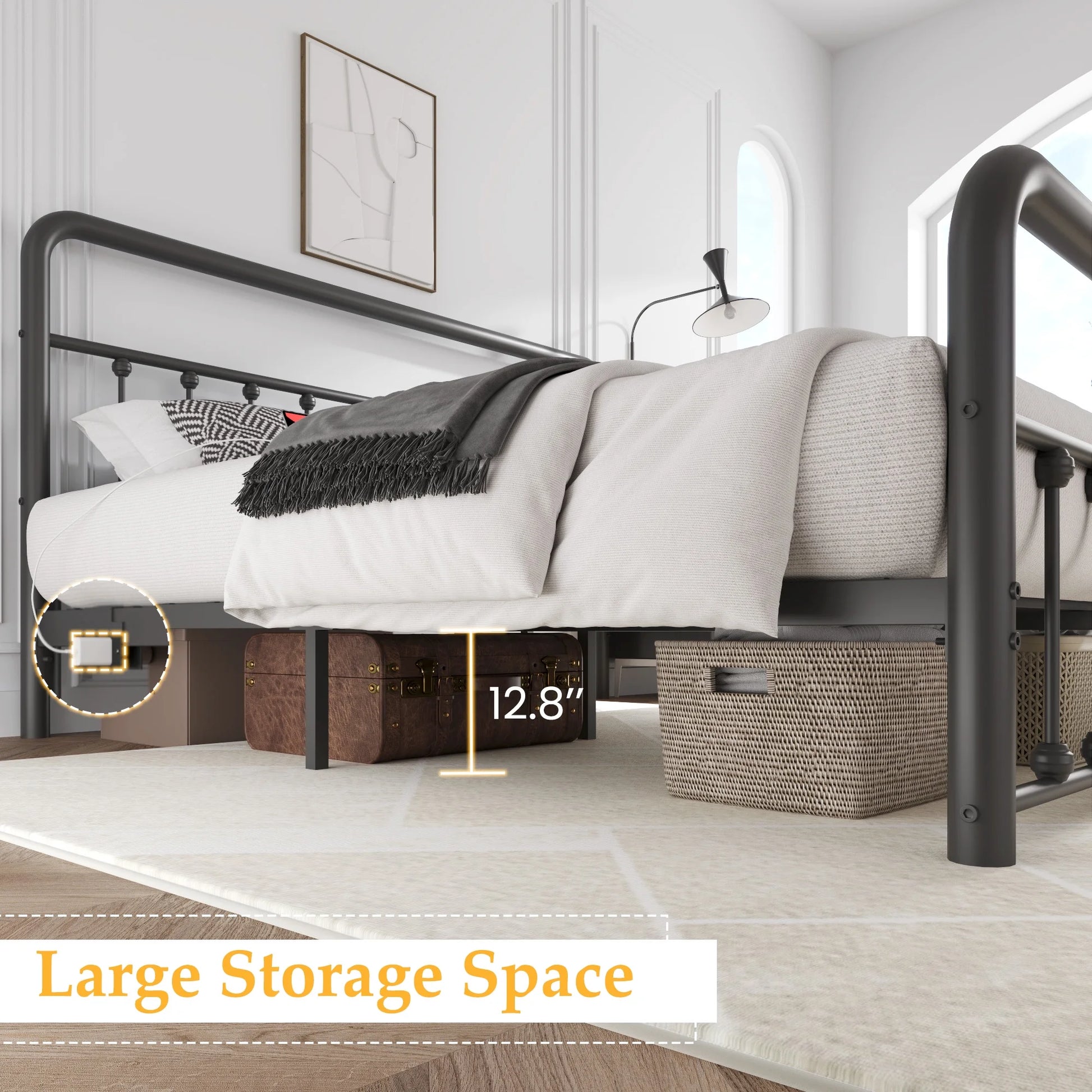 Classic Metal Platform Bed Frame, King, with USB Port & LED