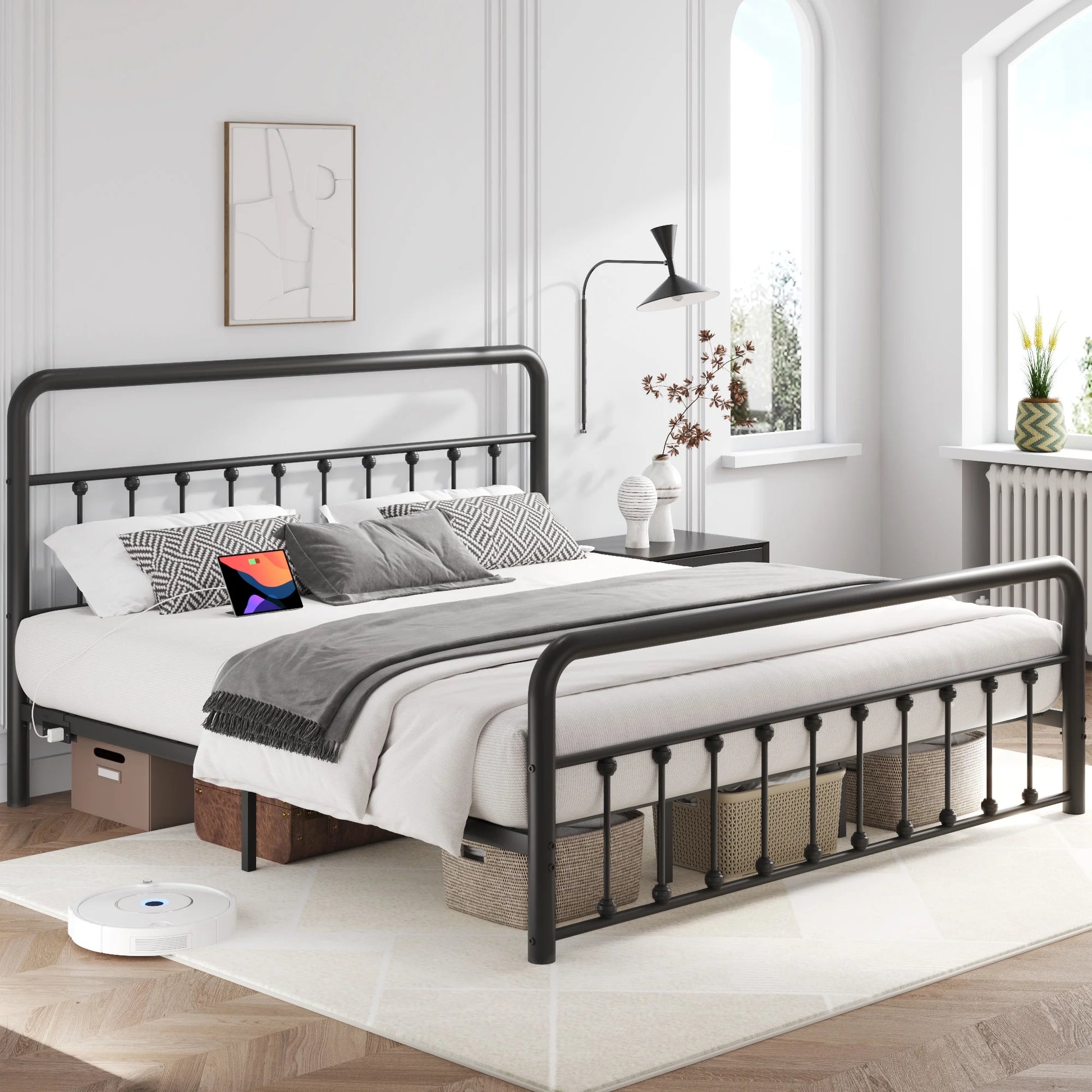 Classic Metal Platform Bed Frame, King, with USB Port & LED