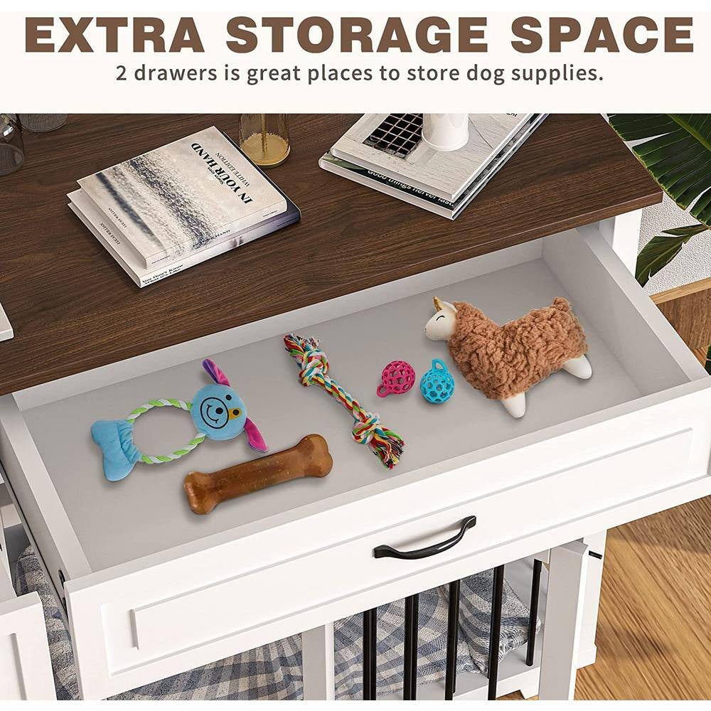 White Wooden Accent Storage Cabinet with Dog Crates Cage 