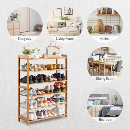 6 Tier Natural Wood Bamboo Storage Shoe Rack 